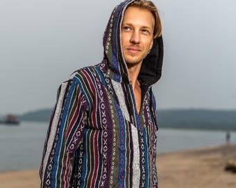 Chaqueta con capucha de jacquard estilo bohemio, abrigo tribal extragrande para festivales, prenda de abrigo bohemia unisex.