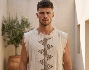 Hand Block Printed Viscose Vest, Geometric Frayed Edge Top (Unisex)