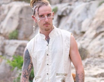 Chaleco bohemio de algodón y yute para hombre, estampado artesanal, sin mangas, estilo bohemio hippie.