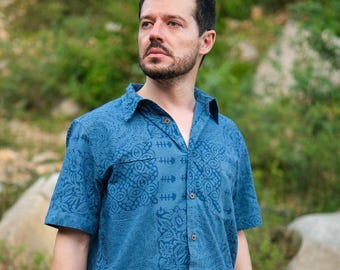 Men's Blue Handblock Print Cotton Shirt, Boho Festival Hippie Style