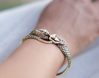 Mermaid Spirit Brass Cuff Bracelet, Boho Tribal Wristband, Adjustable Open Cuff