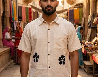 Camisa de algodón con estampado a mano, estilo boho hippie, informal, con botones, ideal para festivales.