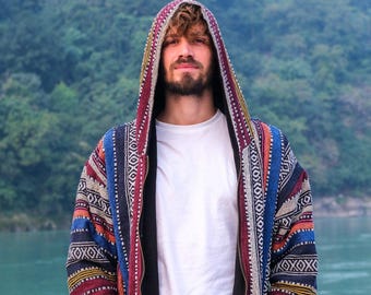 Handmade Baja Hoodie: Vintage Mexican Striped Festival Jacket