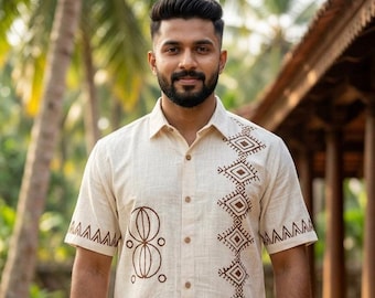 Hand Block Printed Men's Shirt, Geometric Cotton Top, Relaxed Fit Ethnic Wear