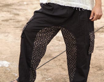 Tribal Cargo Pants Men, Boho Cotton  Pants, Festival , Hippie Trousers, Ethnic Streetwear, Utility Pocket