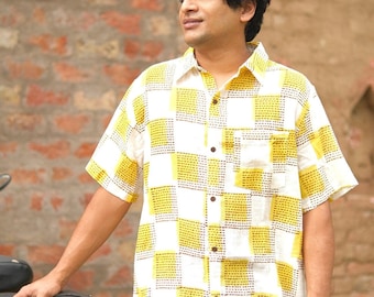 Herren Baumwolle Kurta Shirt, Boho Tribal Print, Stehkragen, lässige Sommer Festival Wear