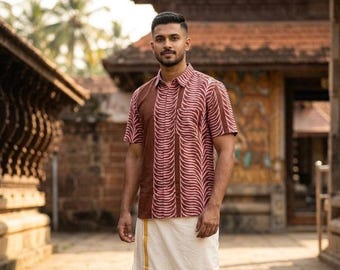 Boho Wave Print Shirt, Rose-Brown Vertical Panel Top, Unisex Casual Festival Wear