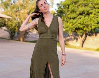 Olive Green Boho Midi Dress: Sleeveless V-Neck Summer Festival Outfit