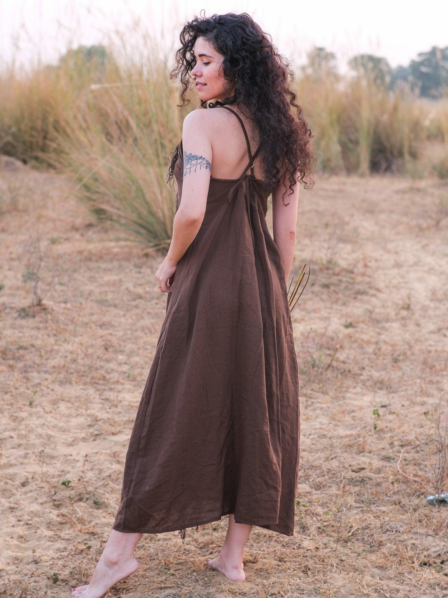 Boho Brown Maxi Dress: Handmade Cotton Sleeveless Dress with Geometric Fringe