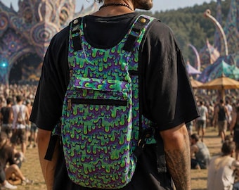 Psychedelic Festival Backpack | Trippy Green Purple Drip Print Rave Bag | Cotton Canvas Daypack with Waist Belt