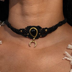 Chandra Macrame Choker ,Black Macrame Choker Necklace ,Crescent Moon Charm – Handmade Boho Gothic Festival Jewelry