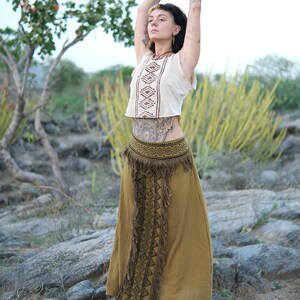 Cream Handblock Print Panel Fringe Detail High Waist Festival Skirt - Aira Skirt