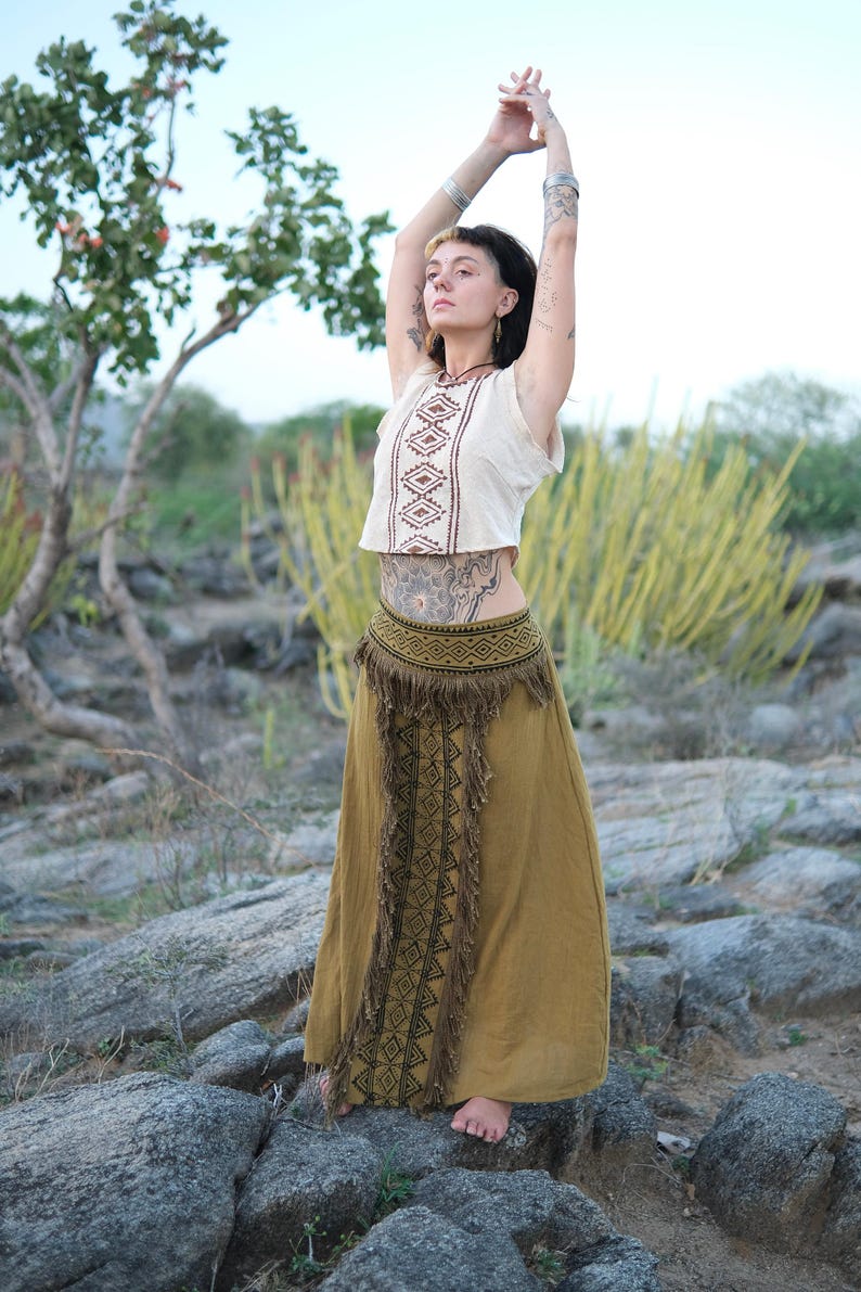 Cream Handblock Print Panel Fringe Detail High Waist Festival Skirt - Aira Skirt