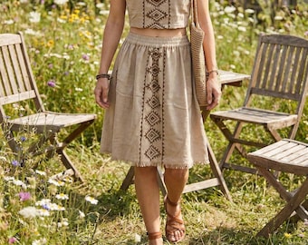 Handblock printed boho skirt with ethnic tribal panel - Nira Skirt