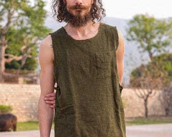 Raw Cotton Men's Tank Top | Olive Green Boho Vest