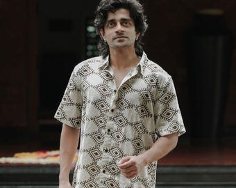 Camisa de algodón para hombre con estampado de bloques, camisa bohemia tribal con botones, ropa artesanal de verano estilo hippie.