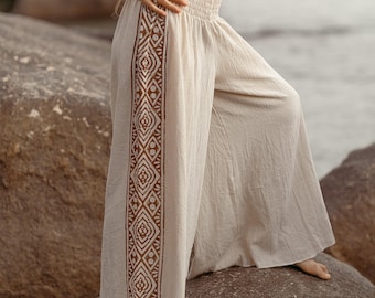 Ragini Pants | Wide Leg Boho Pants for Women | Cream Cotton Trousers | Block Print Tribal | Smocked Waist Yoga Festival Wear | Freesize