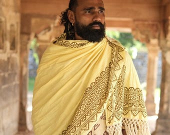 Handloom Cotton Shawl | Tribal Print Boho Wrap with Tassels