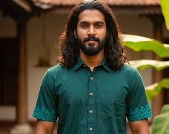 Teal Hand Block Print Shirt, Short Sleeve Button Down - Teevra Shirt