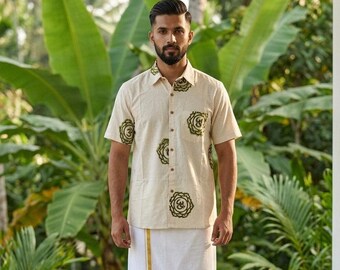 Boho Cotton Short Sleeve Button Down, Spiritual Hand Block Print - Chakra Shirt