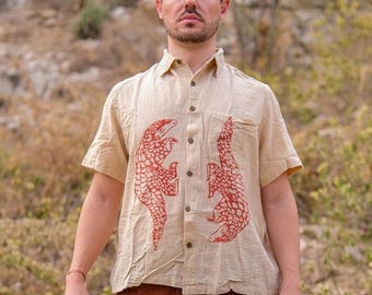 Pangolin Print Shirt | White Animal Print Top | Men's Boho Beachwear | Wildlife Cotton Shirt | The Pangolin Shirt