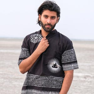 Thros Kurta ,Men&#39;s Boho Cotton Shirt, Black Festival Shirt, Meditation Yoga Shirt, Handmade Ethnic Shirt, Spiritual Hippie Shirt