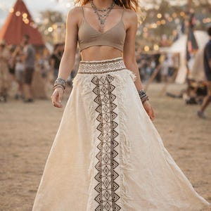 Cream Handblock Print Panel Fringe Detail High Waist Festival Skirt - Aira Skirt