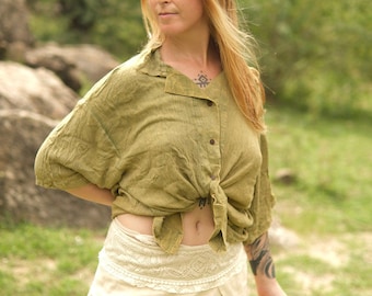 Boho Olive Green Crinkled Cotton Shirt, Oversized Button-Down
