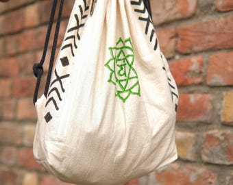 Chakra Drawstring Backpack | Green Cotton Cinch Bag | Spiritual Print Sack | Yoga Bag | The Energy Bag