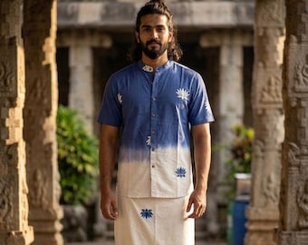 Men's Lotus Print Kurta Shirt, Mandarin Collar, Ethnic Wear Top