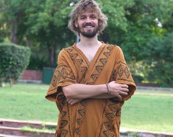 Kimono boho de algodão | Vestido de festa com estampa artesanal em bloco