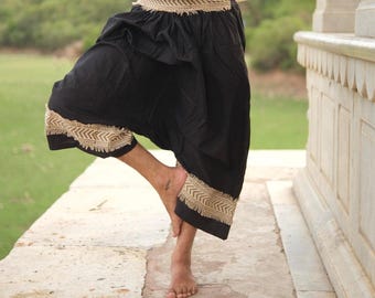 Yogi Plazo Pants, Cotton Jute Boho Style, Camel Brown Black, Free Size Waist