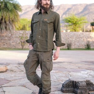 Men Cotton Utility Shirt with Chest Pockets, Handmade Long Sleeve Button Up Shirt - Histo Shirt