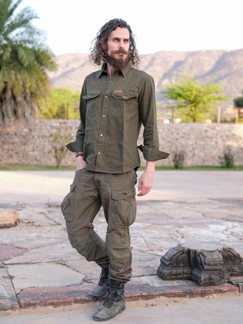 Men Cotton Utility Shirt with Chest Pockets, Handmade Long Sleeve Button Up Shirt - Histo Shirt