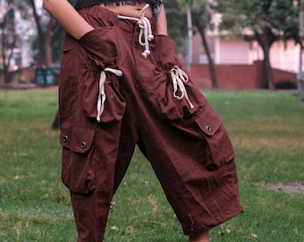 Handmade Brown Cotton Harem Pants: Boho Cargo Cropped Trousers