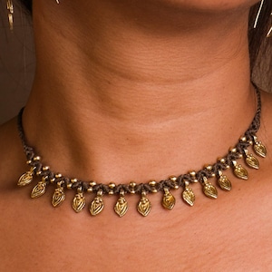 Handmade Macrame Choker Necklace with Gold Leaf Charms, Boho Tribal Jewelry
