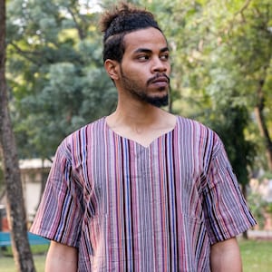 Native Baggy Kurta ,Handwoven Striped Cotton Hippie Shirt for Men, Boho Festival Pullover Top with Pockets, Ethnic Summer Beachwear
