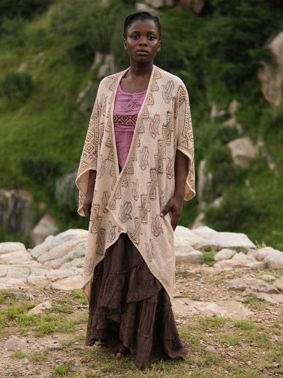 Buy Handmade Knitted Boho Kimono Cardigan: Hamsa Design Tribal