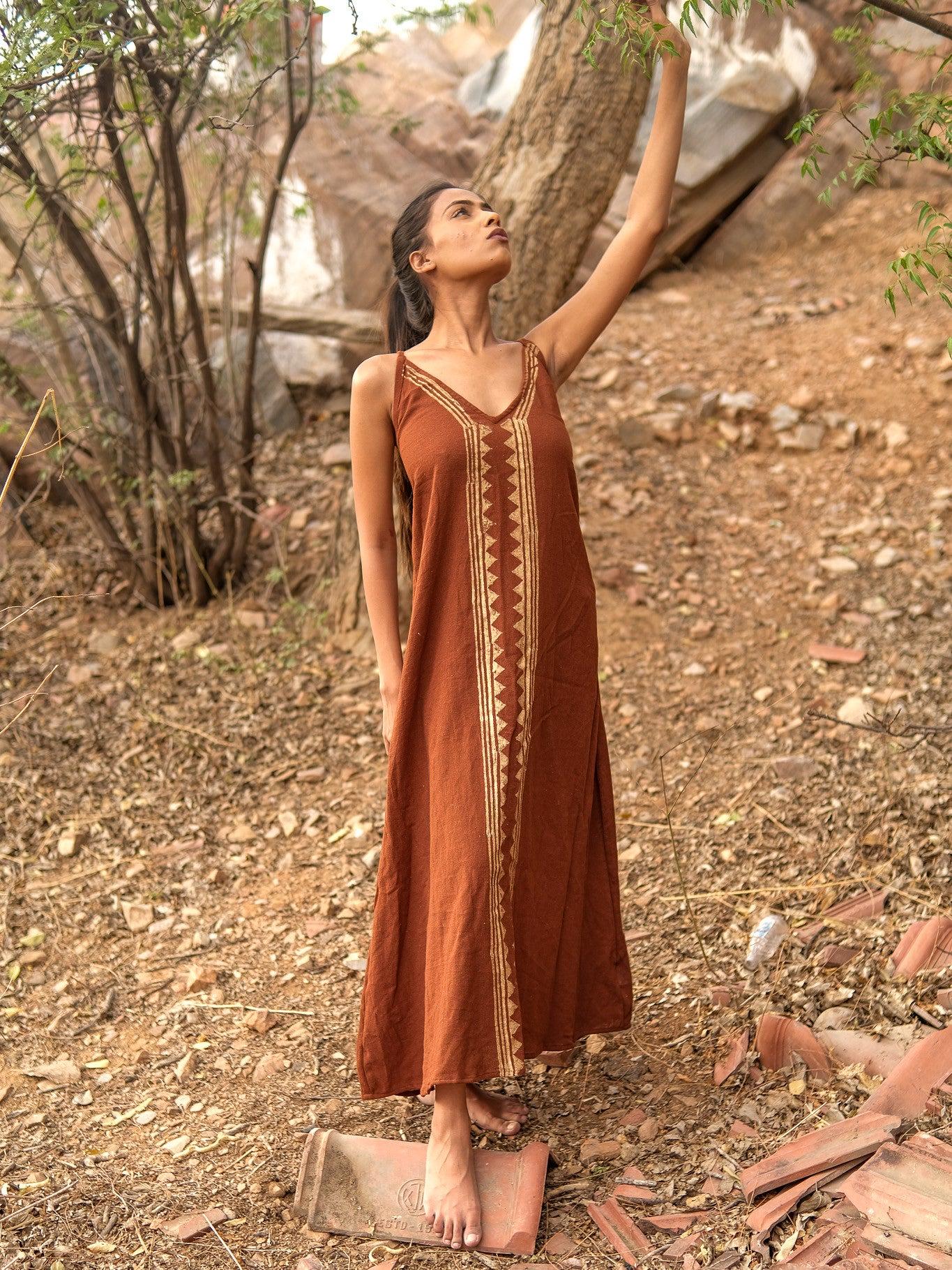 Bohemian Brown Maxi Dress: Ethnic Handblock Print Sleeveless Sundress