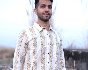Men's Boho Tribal Handblock Print Cotton Shirt, Festival Bohemian Clothing