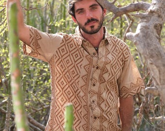 Men's Beige Tribal Print Cotton Shirt, Boho Short Sleeve Button Down