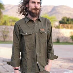 Men Cotton Utility Shirt with Chest Pockets, Handmade Long Sleeve Button Up Shirt - Histo Shirt