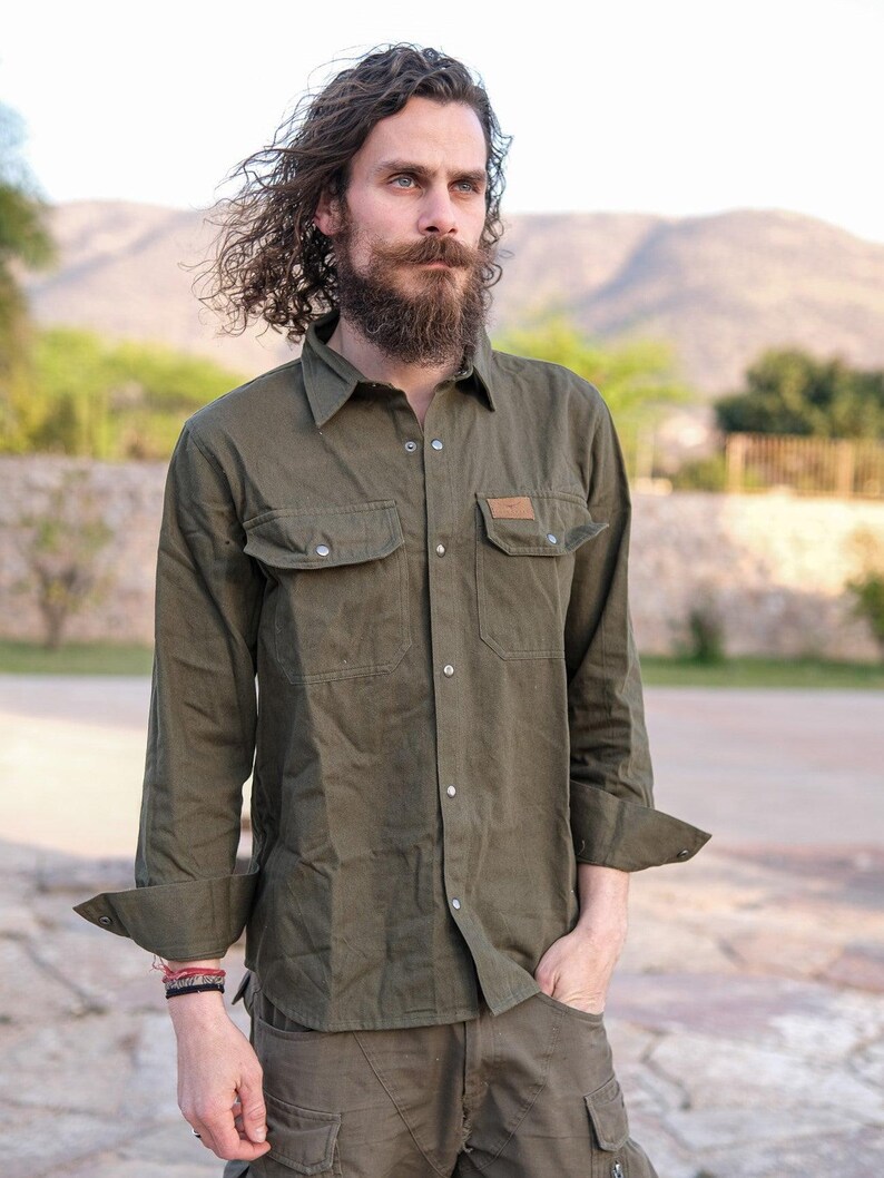 Men Cotton Utility Shirt with Chest Pockets, Handmade Long Sleeve Button Up Shirt - Histo Shirt