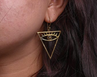 Horus earrings ,Boho Eye of Providence Triangle Earrings for Women, Handmade Brass Statement Jewelry, Third Eye Dangle Earrings