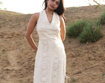 Textured Frayed Cotton Midi Dress, Boho Halter Neck, Open Back Tie Up Resort Style