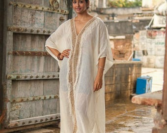 Handwoven Boho Kaftan Maxi Dress, Ethnic Summer Beach Cover-up