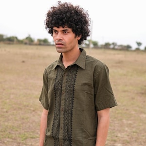 Artemis ,Handmade Men&#39;s Green Cotton Shirt, Boho Ethnic Shirt, Short Sleeve Button Up Shirt, Vintage Style Men&#39;s Shirt, Festival Shirt