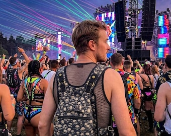 Skull Festival Backpack, Black Beige Skull Print Bag, Rave Utility Daypack
