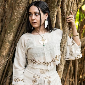 Handgemaakte crop-top van khadi-katoen met blokprint, boho zomerblouse