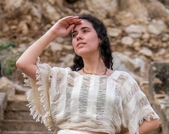 手織りコットンクロップトップ：ボヘミアンフリンジ、切りっぱなしの